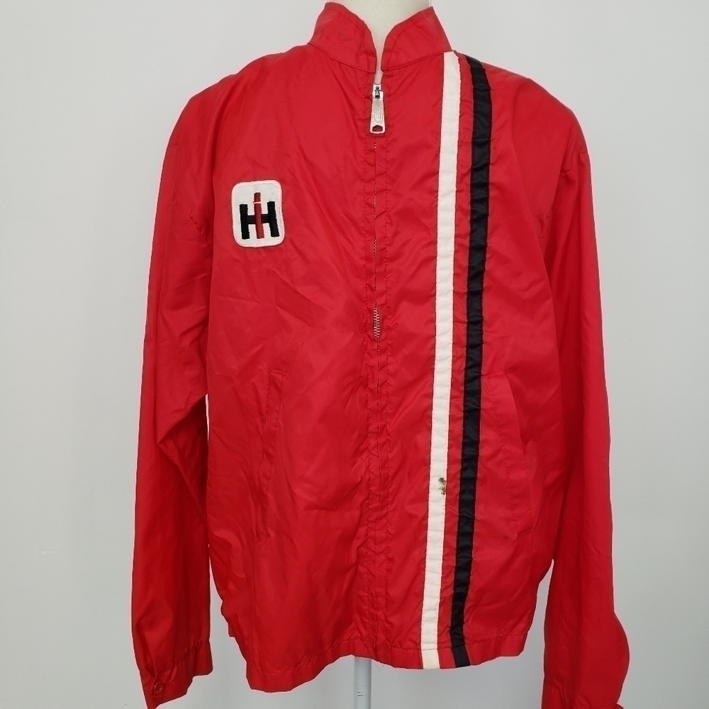 VINTAGE IH International Harvester Unlined Windbreaker Red White Black Stains L